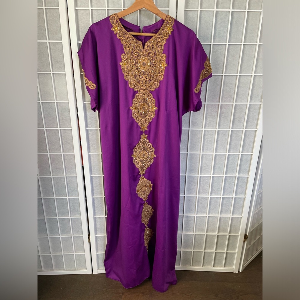 Yoshi Maxi Caftan, Purple with Gold appliqué, One Size.